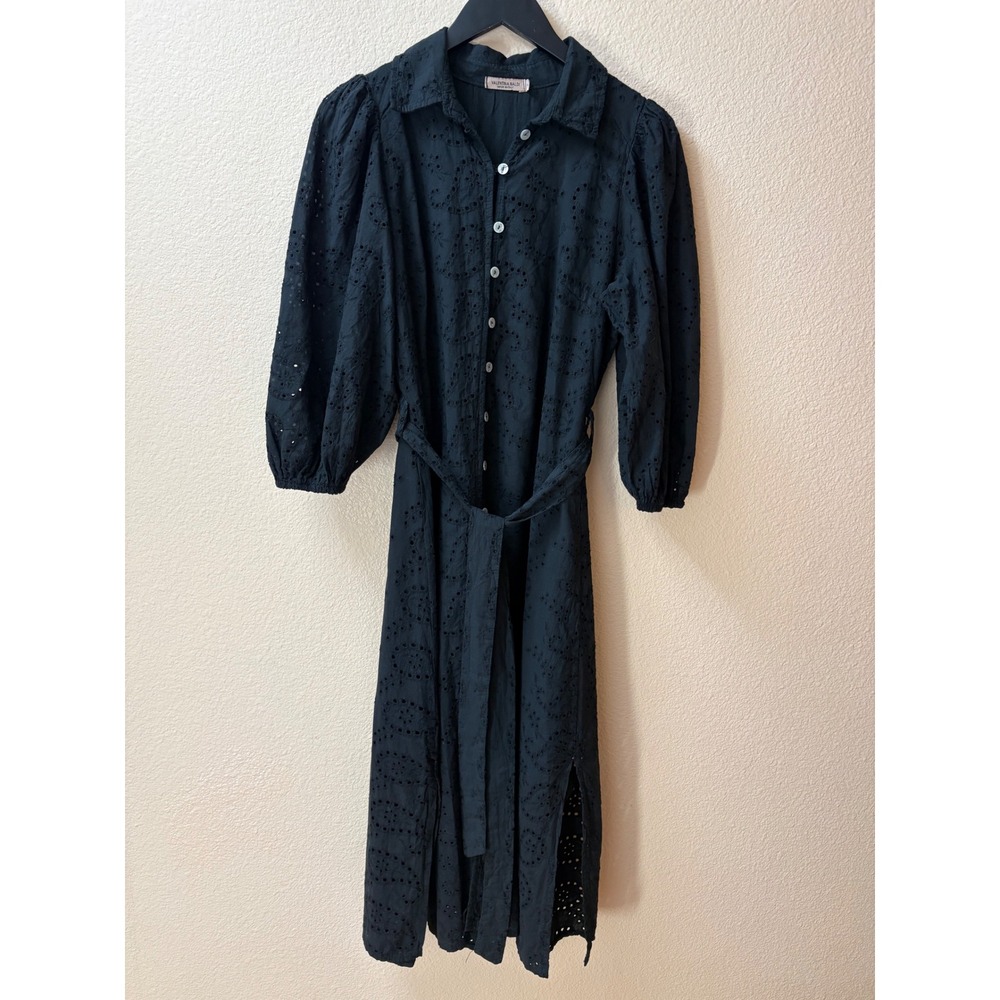 Valentina Naldi Black Eyelet Cotton Midi Shirt Dress Made in Italy Small